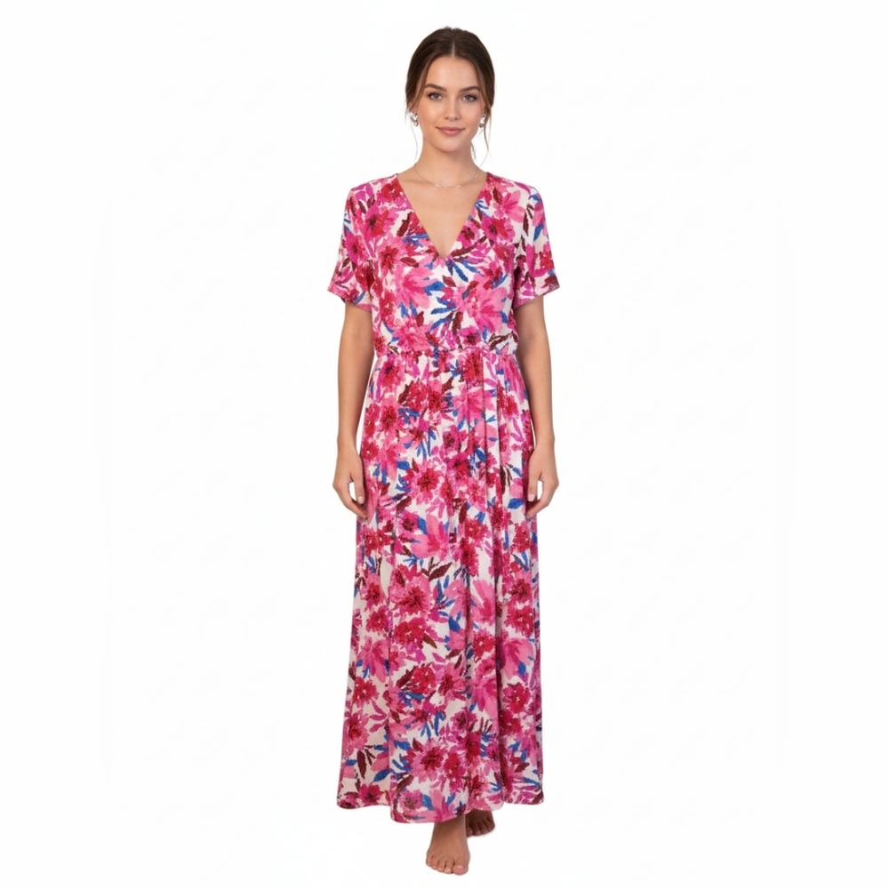 Emily Wonder New Floral Maxi Dress in Pink and Blue Size Medium Spring Cruise